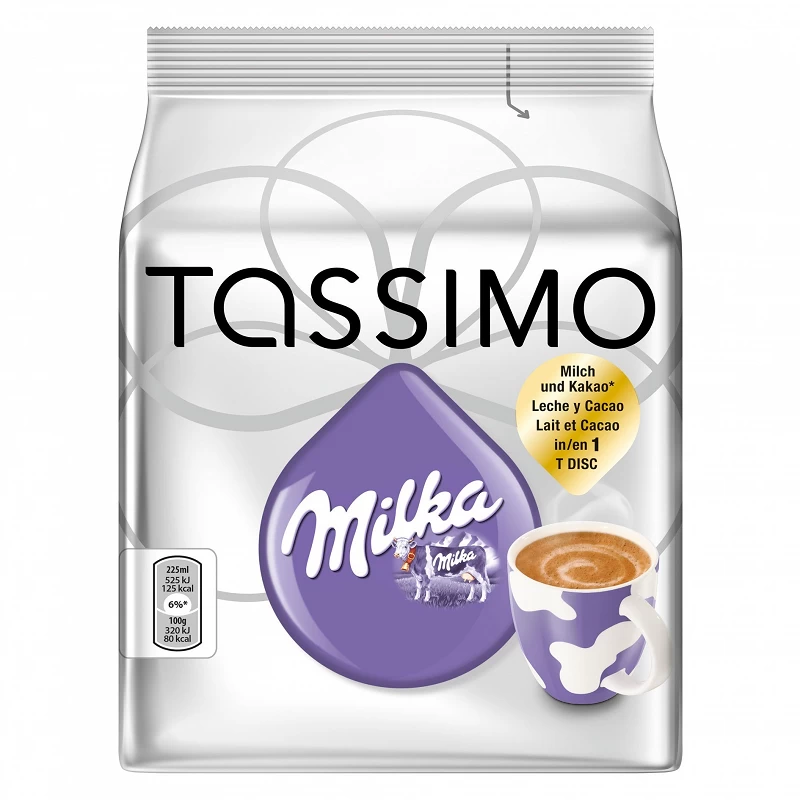 Chocolate de leite Milka, com 8 rações TASSIMO. Chocolate de leite Milka, com 8 rações TASSIMO.
