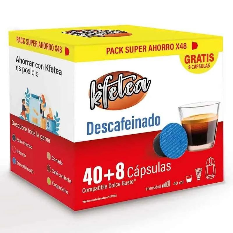 Descafeinado Dolce gusto compatible marca Kfetea 48 cápsulas, Formato Super Ahorro Descafeinado Dolce gusto compatible marca Kfetea 48 cápsulas, Formato Super Ahorro
